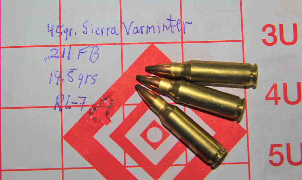 The tightest cluster produced by the .221 Fireball included a .29-inch group resulting from 19.5 grains of Alliant Reloder 7 beneath a Sierra 45-grain Varminter SBT generating 3,240 fps velocity.